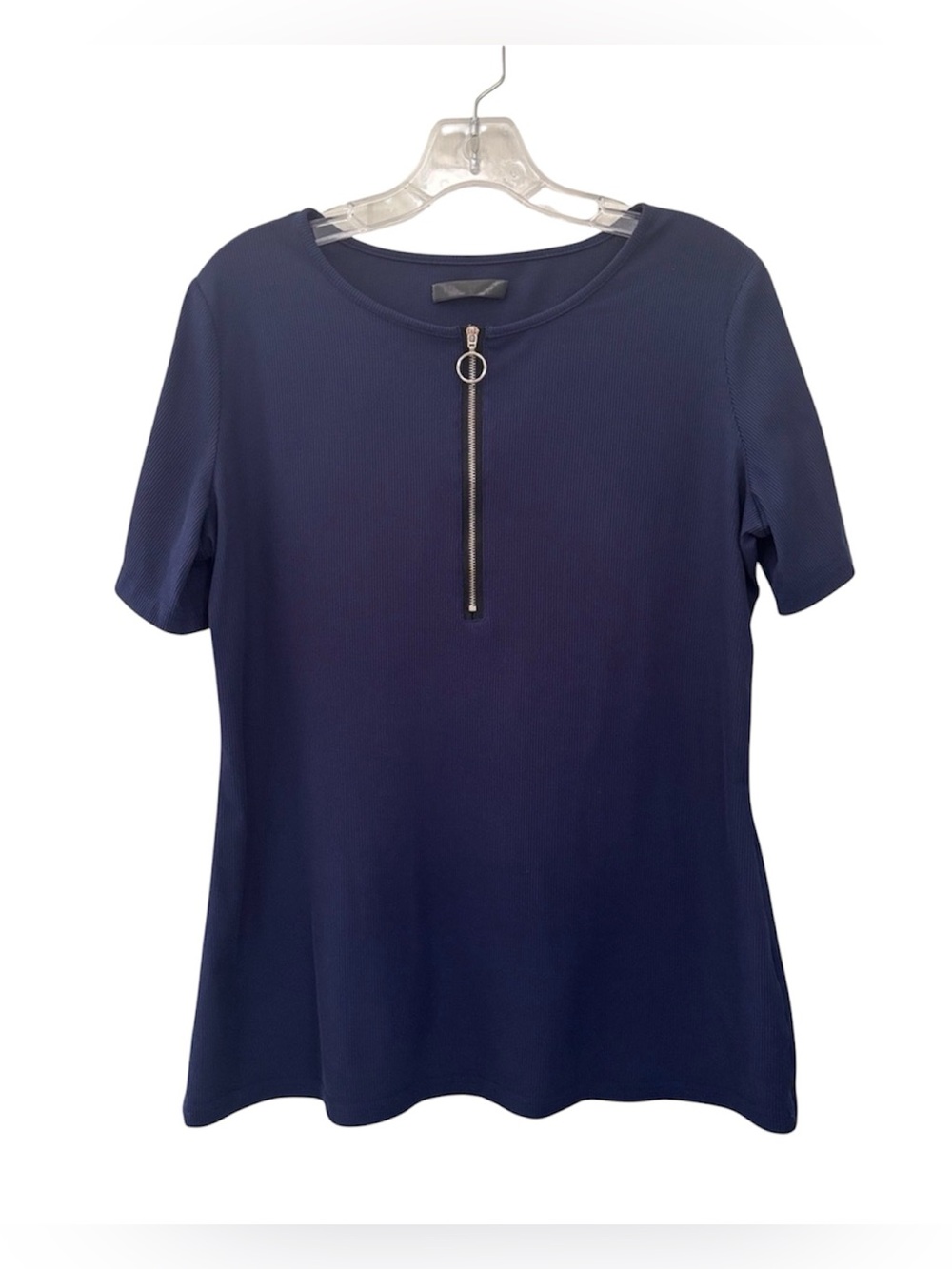 Thanth Navy Blue Ribbed Short Sleeve Top With Zipper Front Detail